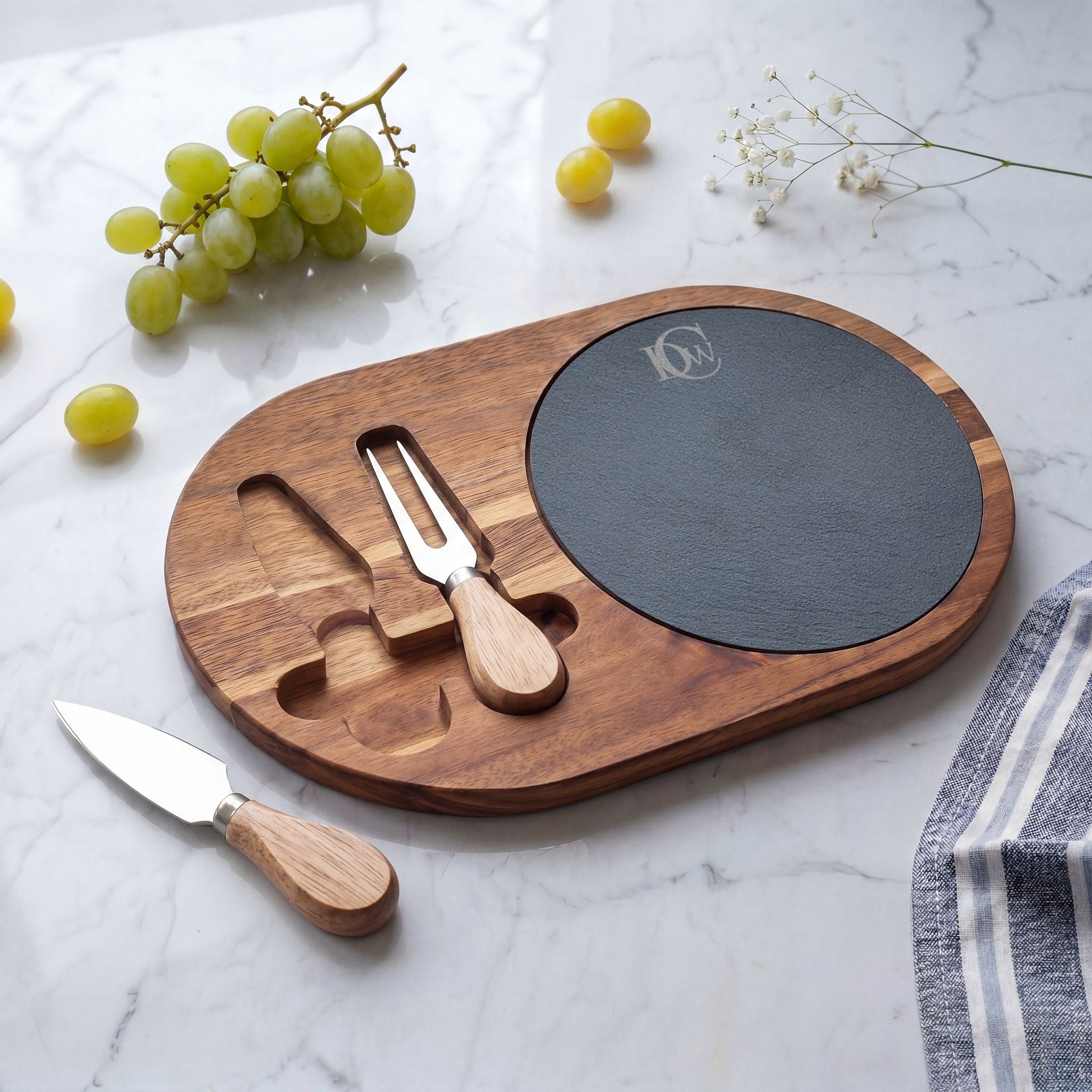 Engraved Acacia Charcuterie Board with Slate Insert & Cheese Tools