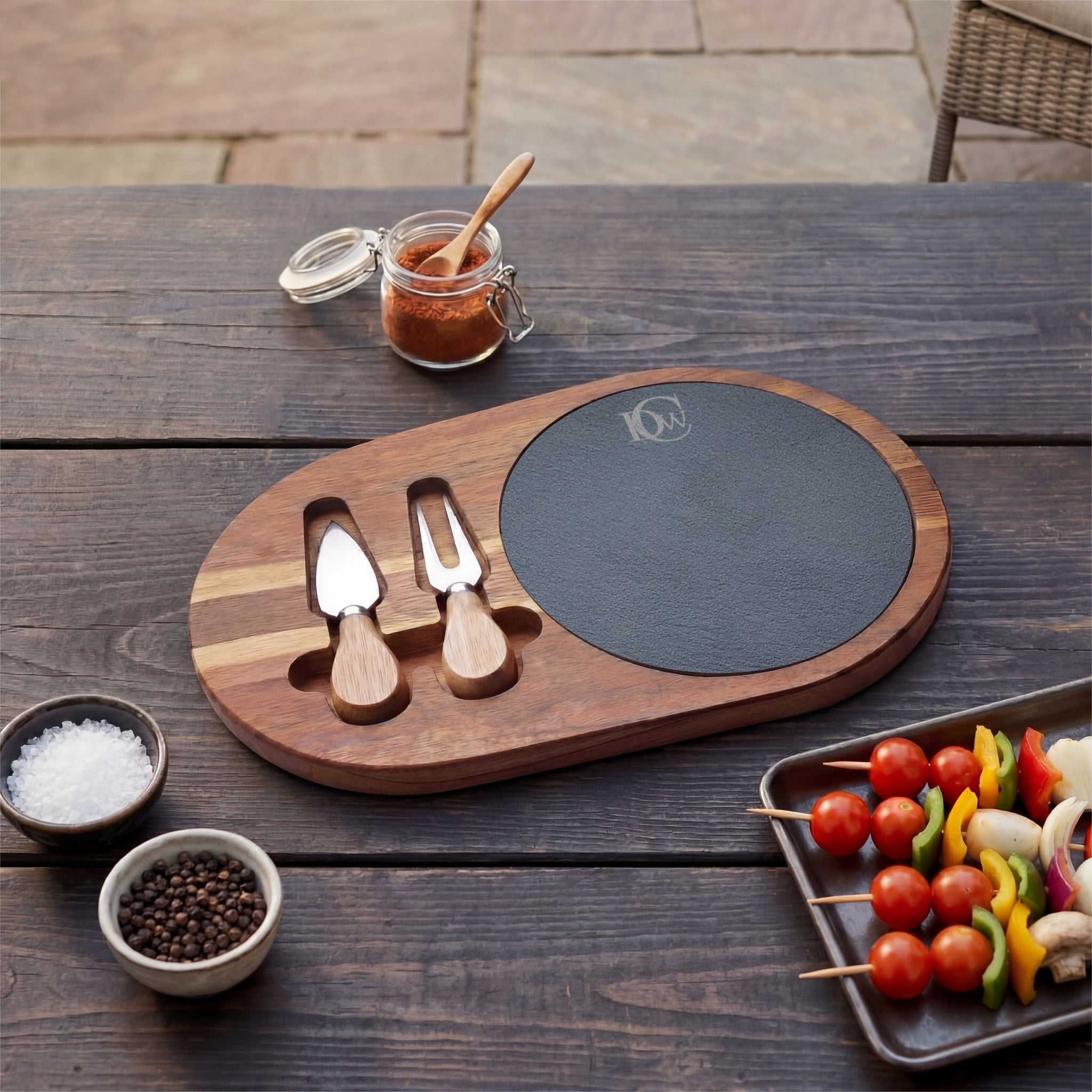 Engraved Acacia Charcuterie Board with Slate Insert & Cheese Tools